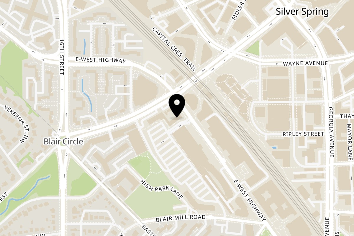 Map showing the location of Crisp & Juicy East-West Hwy on 1314 East-West Hwy, in Silver Spring